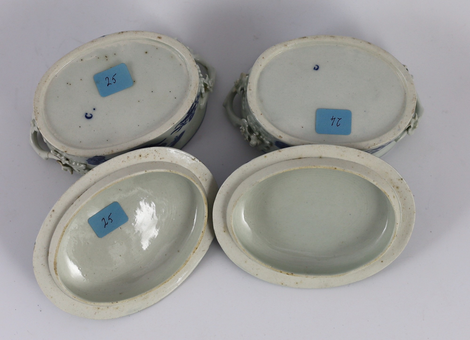 A pair of Caughley blue and white butter tubs, covers and stands, c.1780, stands 19cms wide, tubs and covers 9cms high
